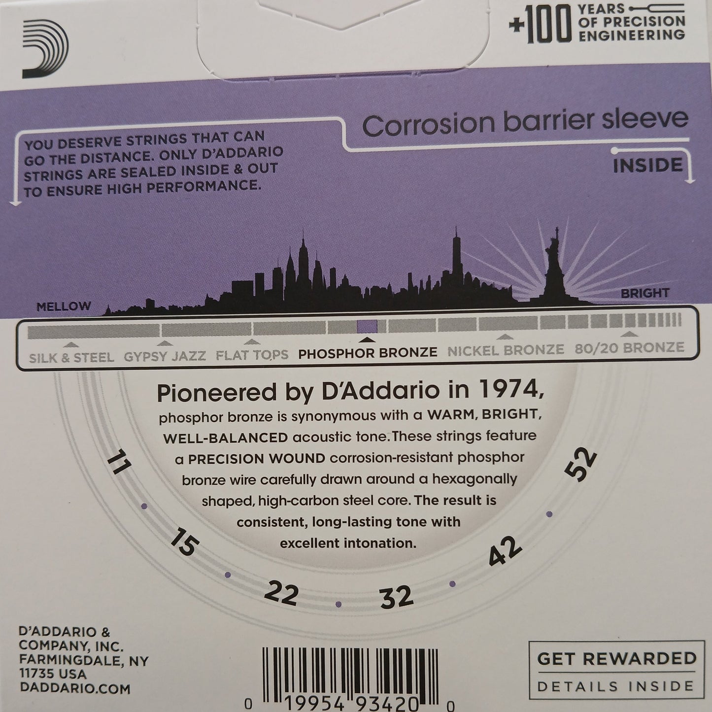 D'Addario Phosphor Bronze Acoustic Guitar Strings 3 Pack 11-52 EJ26-3D