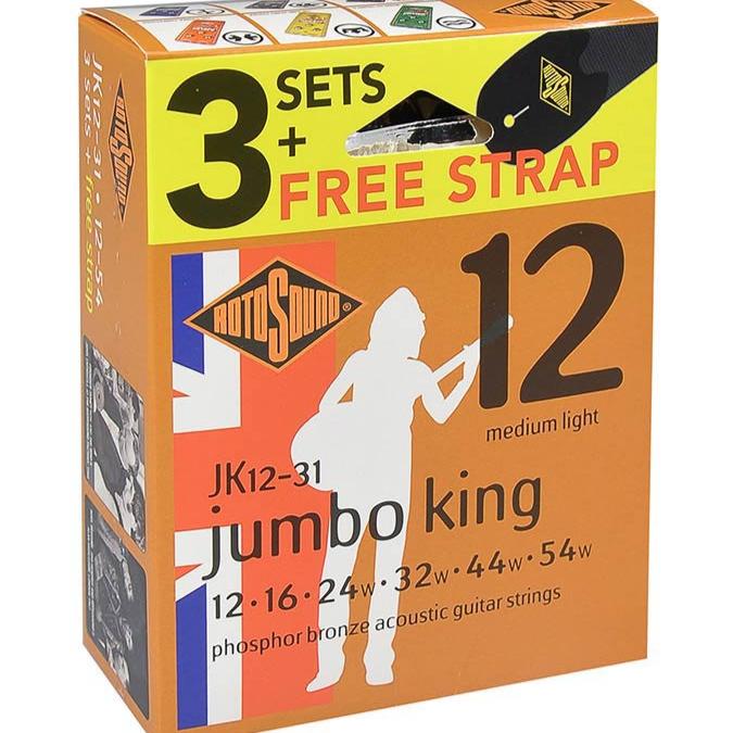 Acoustic Guitar Strings 12-54 Jumbo King 3-Pack FREE STRAP RotoSound