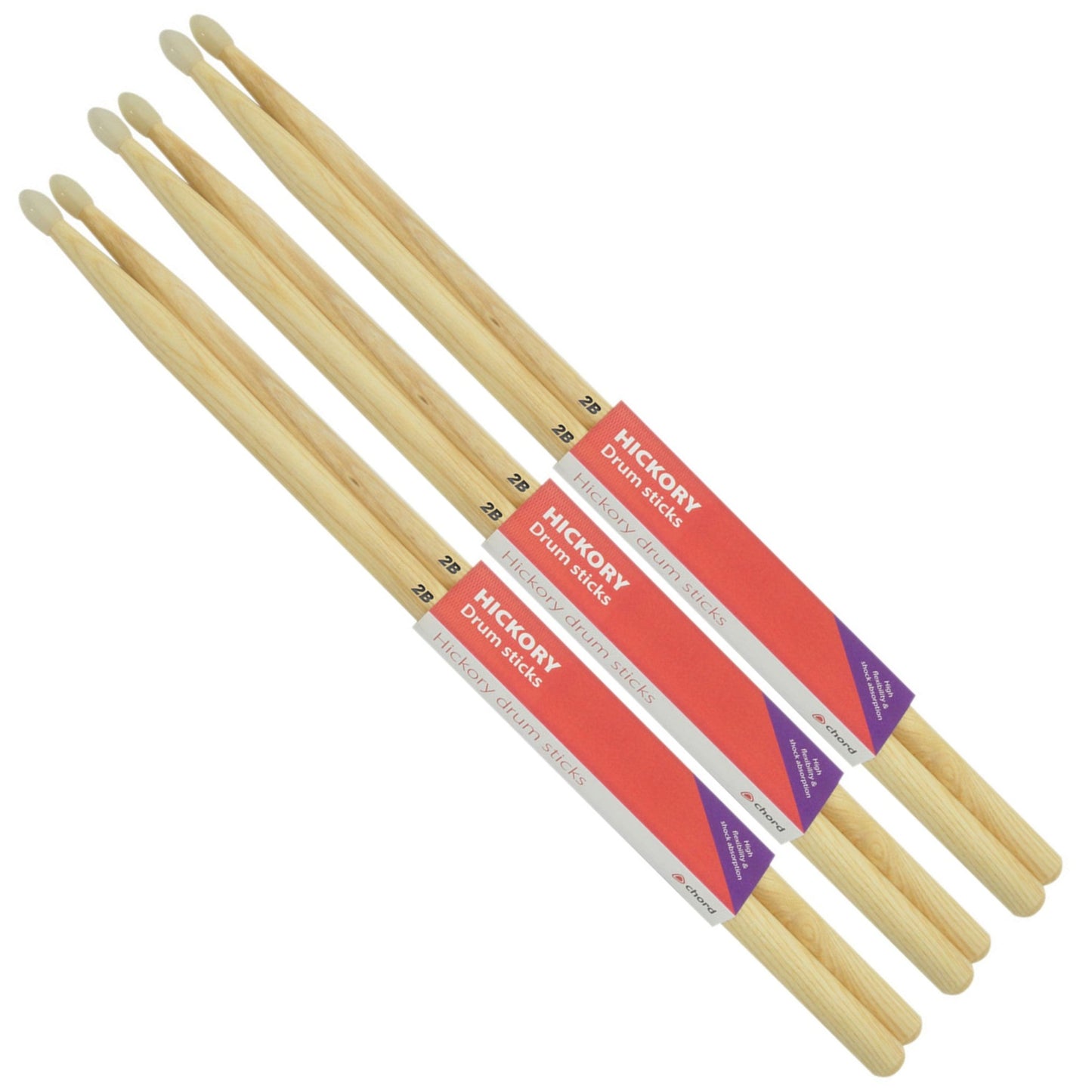 Hickory Drumsticks 2B NYLON TIP Bundle of 3 Pairs