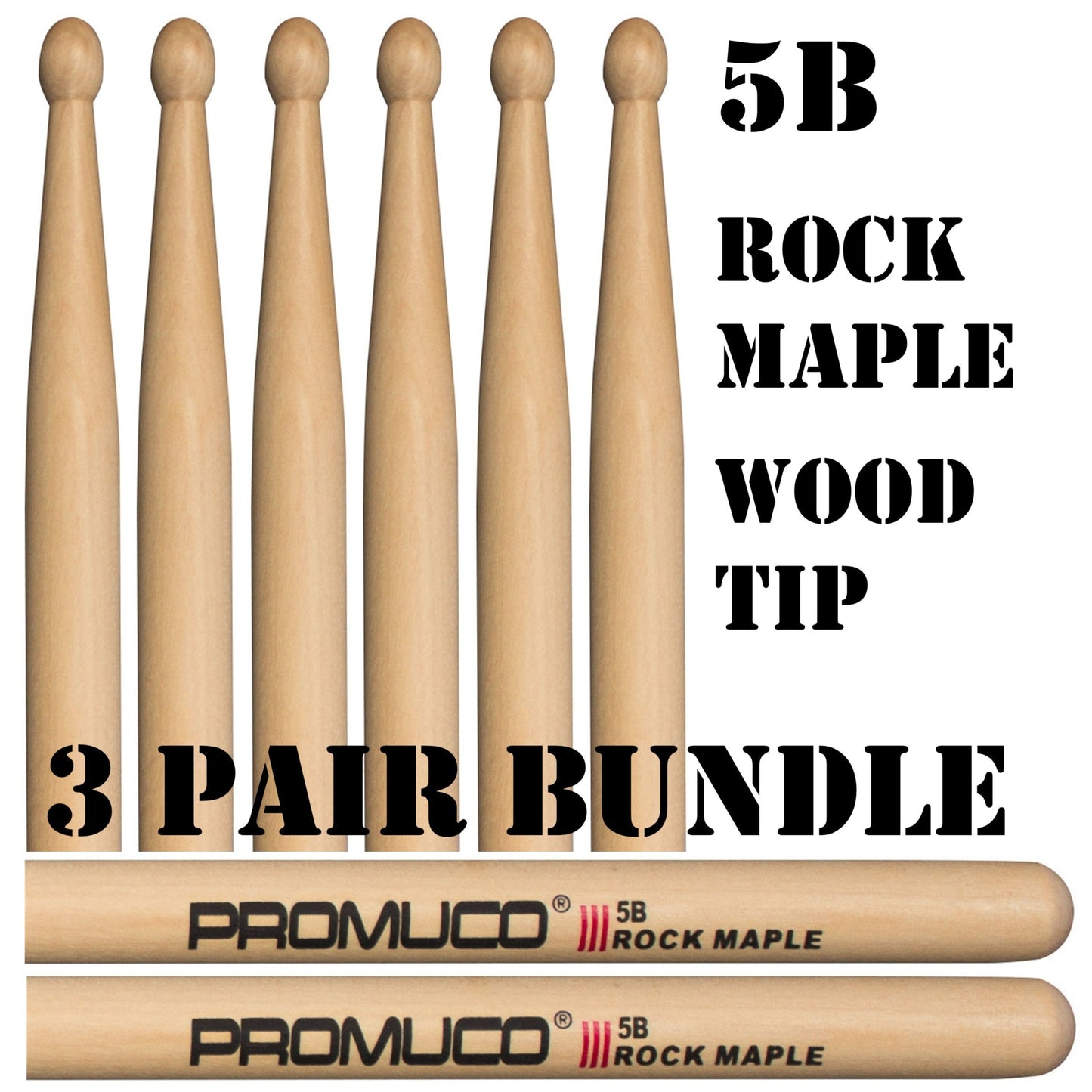 Rock Maple Drumsticks Bundle 3 Pairs 5B Wood Tip - Promuco
