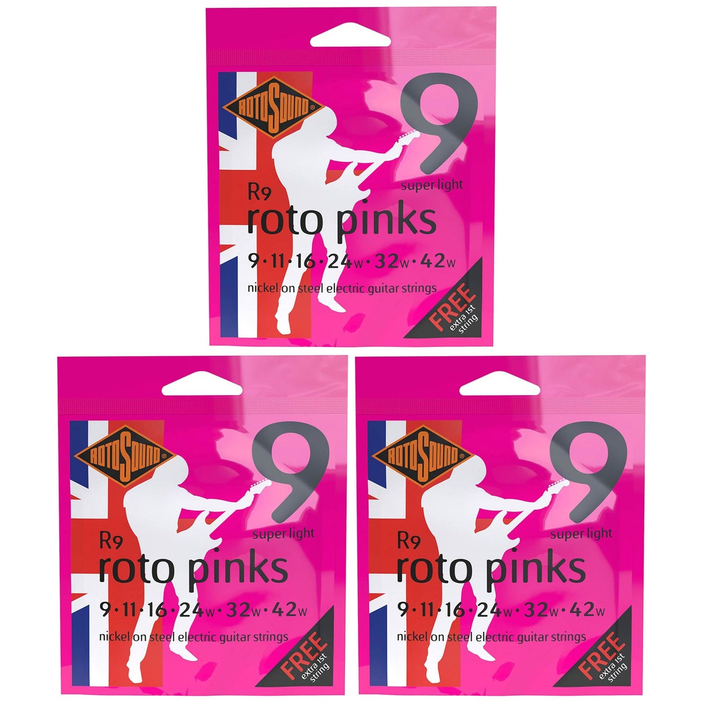 Electric Guitar Strings 9-42 Roto Sound Pinks R9 3 SET BUNDLE