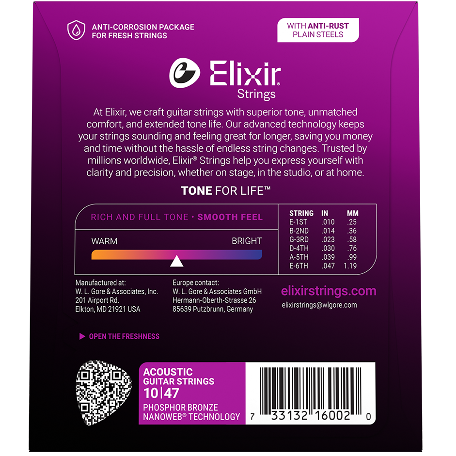 Elixir Phosphor Bronze Acoustic Guitar Strings NANOWEB Coating X-Light 10-47