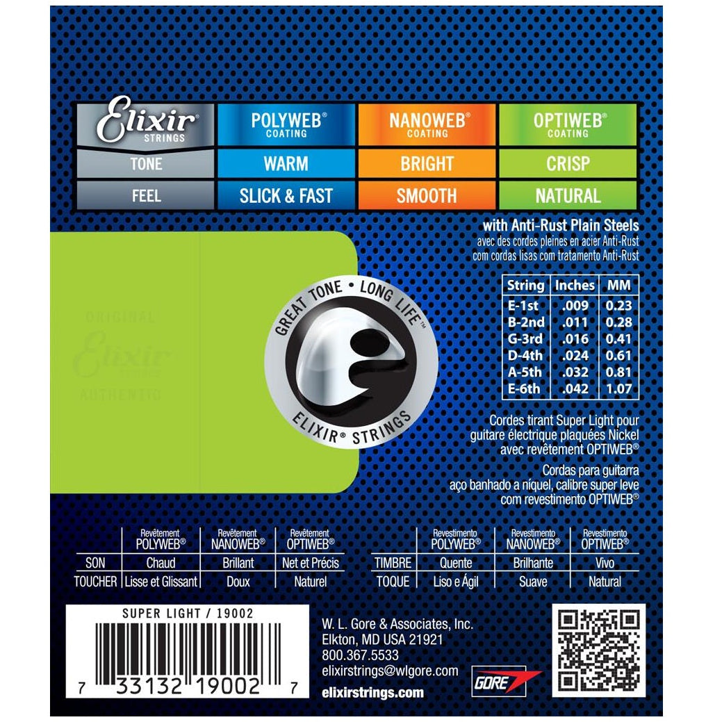 Elixir Electric Guitar Strings OPTIWEB Coating Super Light .009-.042 E19002