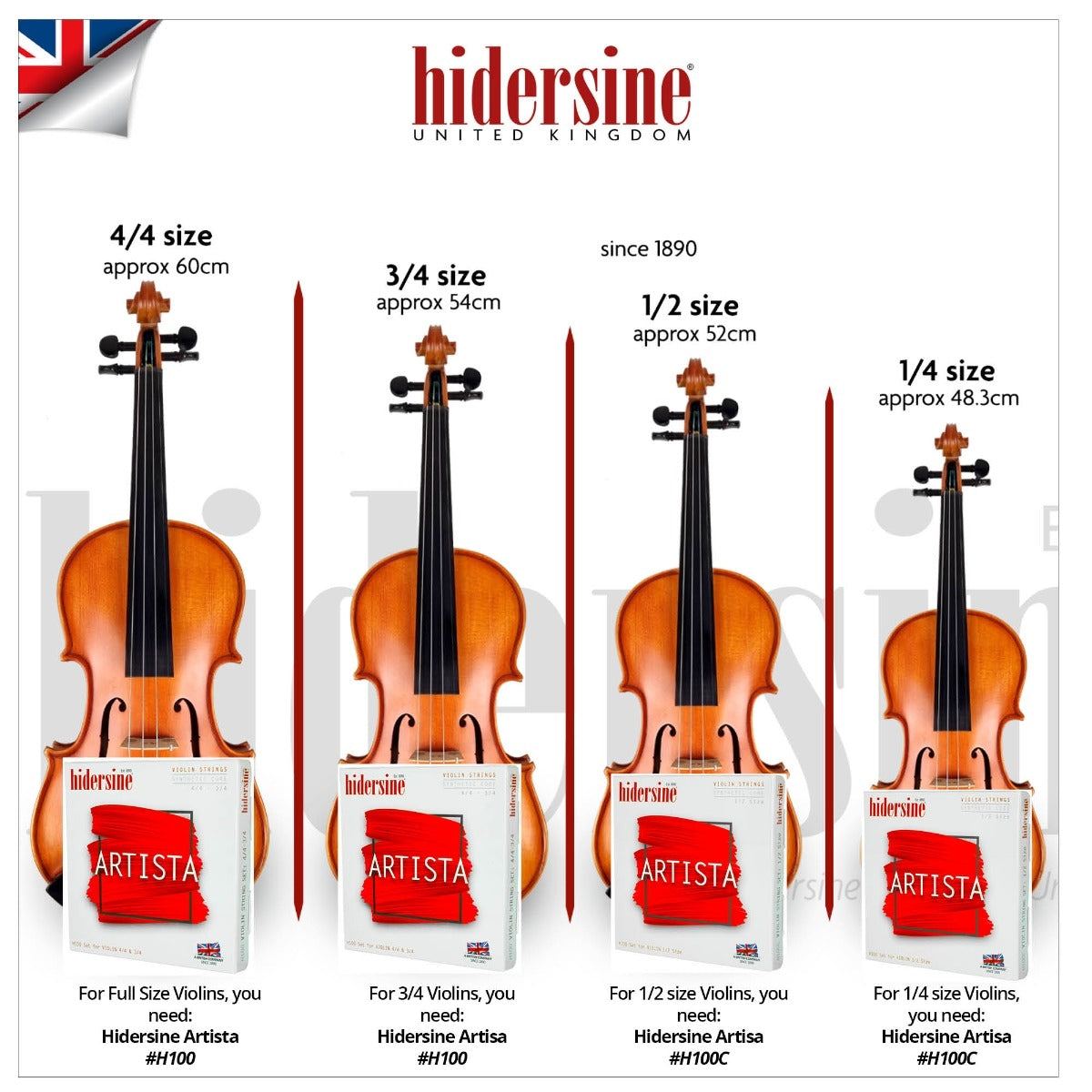 Hidersine Artista Violin String SET – Synthetic Core – 1/2 & 1/4 Size H100C
