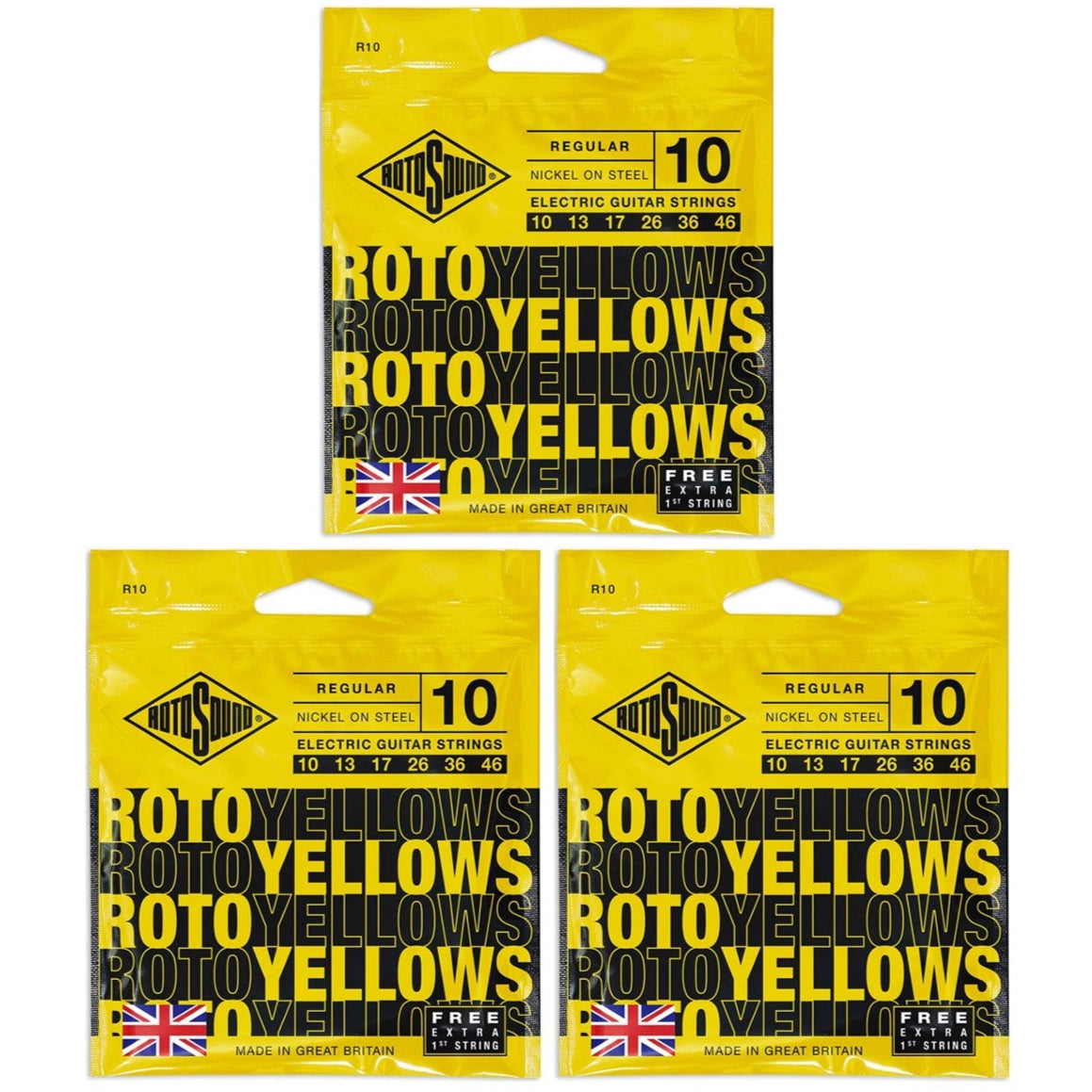 Electric Guitar Strings 10-46 Yellows 3 SET BUNDLE RotoSound