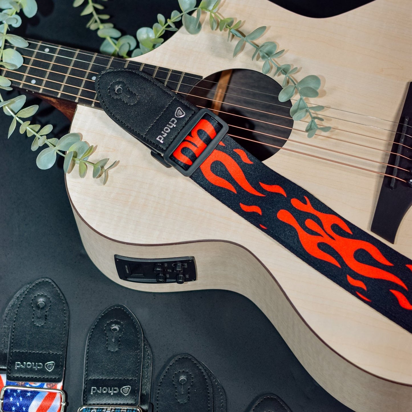 Guitar Strap Red Flames On Black Webbing Rock / Goth