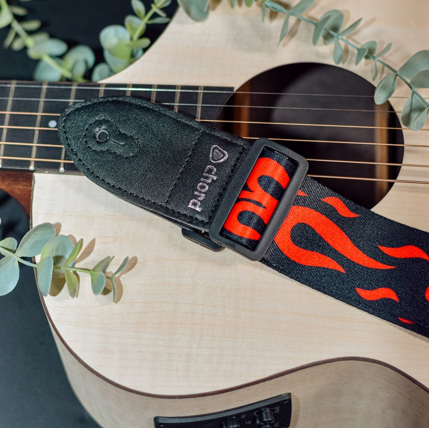 Guitar Strap Red Flames On Black Webbing Rock / Goth