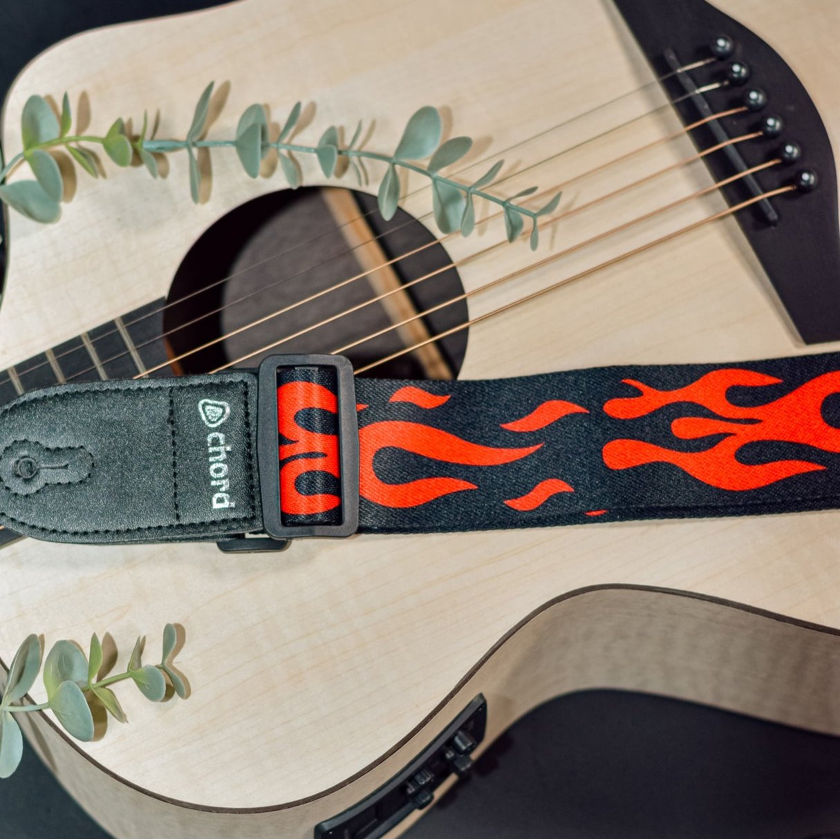 Guitar Strap Red Flames On Black Webbing Rock / Goth