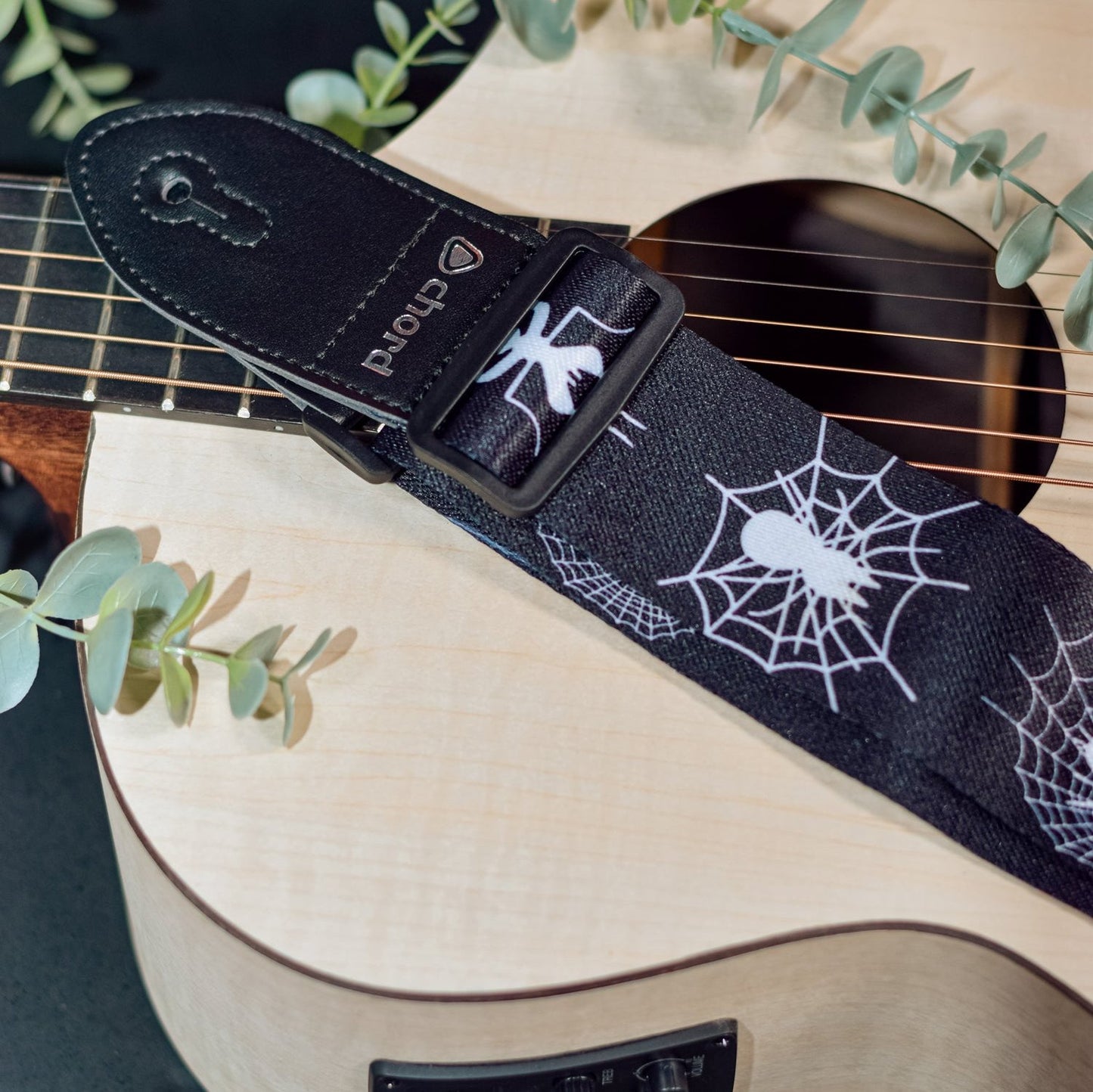 Guitar Strap White Spider & Web On Black Webbing ROCK / GOTH