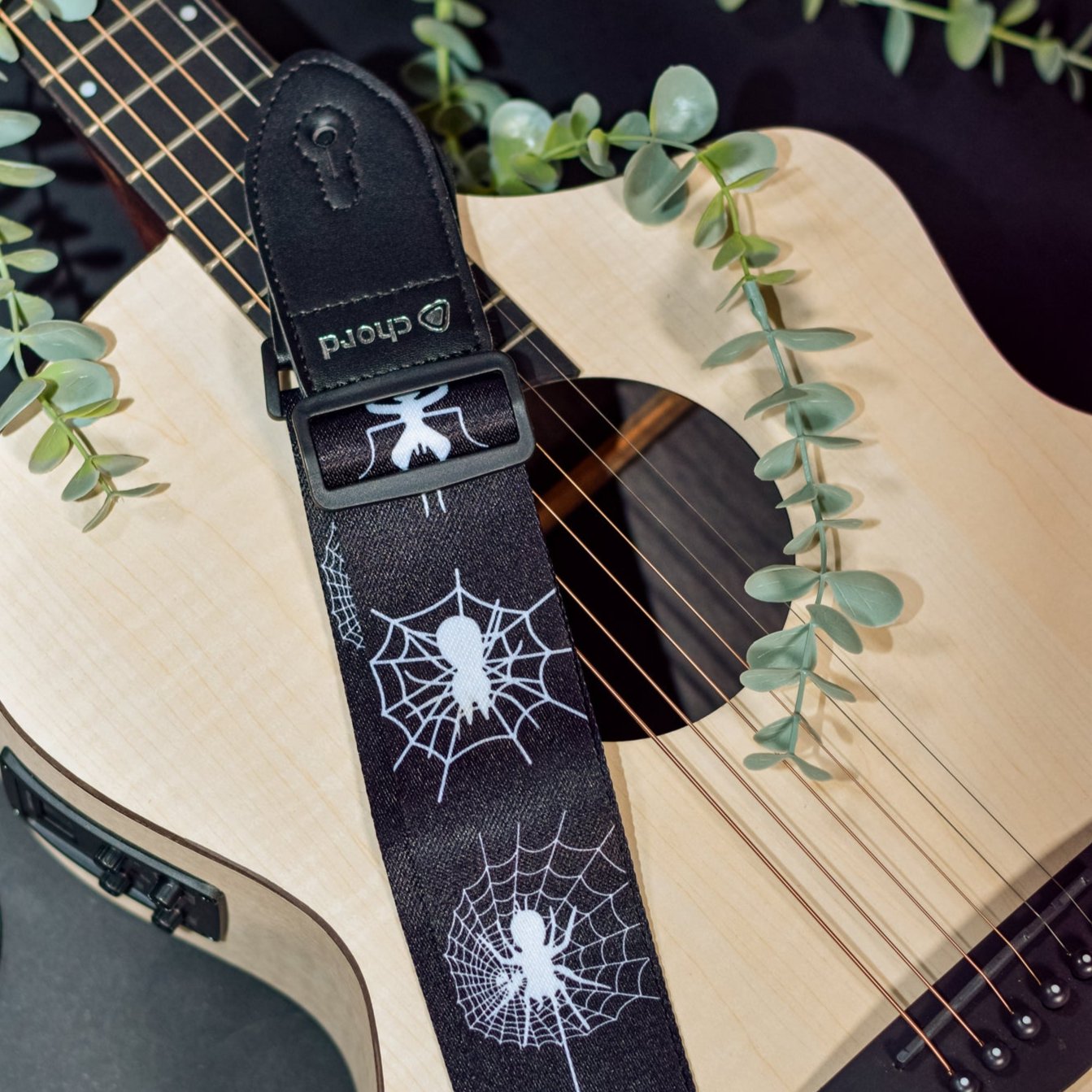 Guitar Strap White Spider & Web On Black Webbing ROCK / GOTH