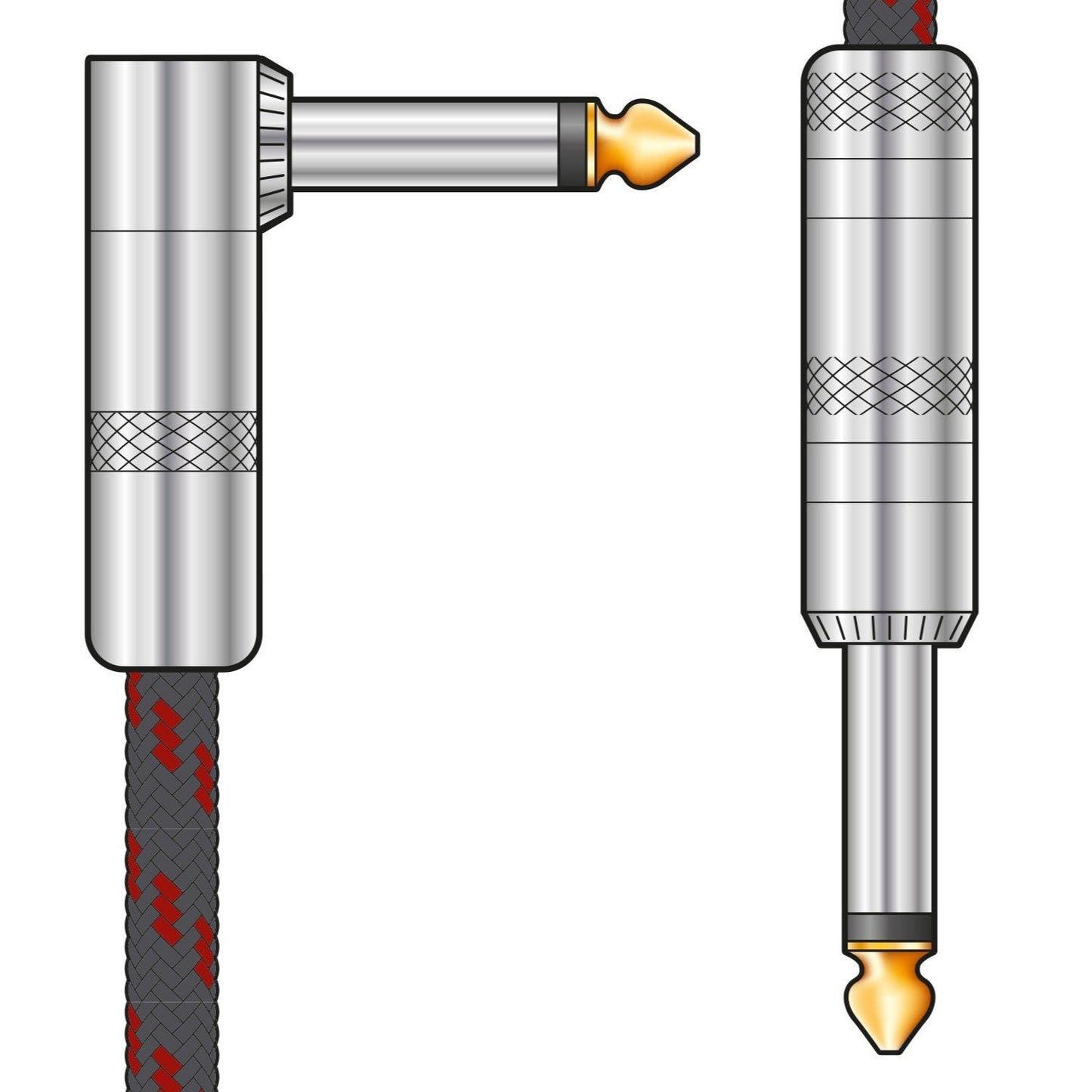 Guitar Lead Retro 6.3mm Angled Jack Plug Braided Classic - BLACK/RED