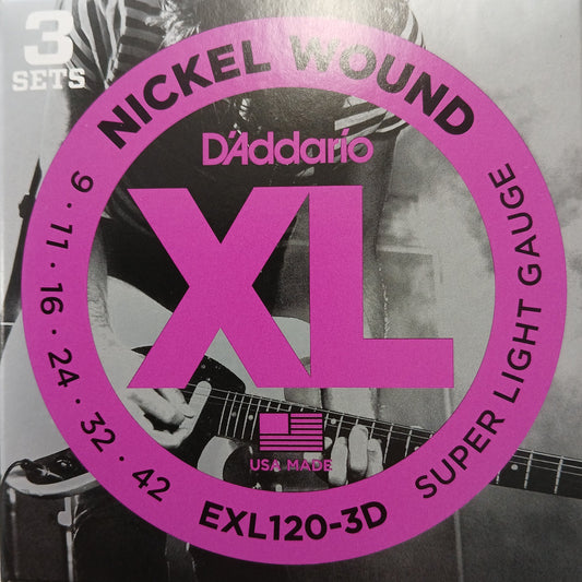 D'Addario XL Nickel Electric Guitar Strings 3 Pack 09-42 Super Light EXL120-3D