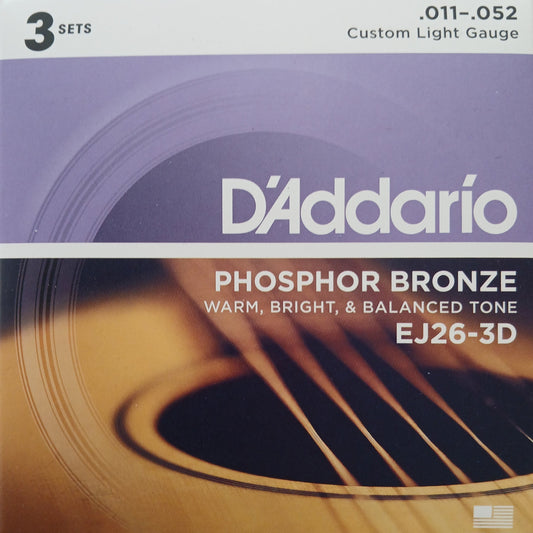 D'Addario Phosphor Bronze Acoustic Guitar Strings 3 Pack 11-52 EJ26-3D