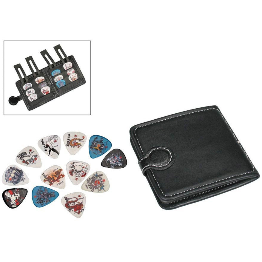Pick Wallet With 12 Skull & Bones Plectrums - Mixed Gauges