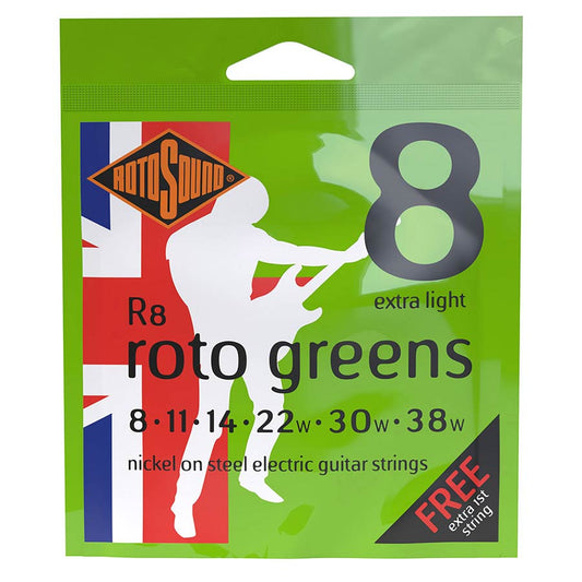 Electric Guitar Strings 8-38 Roto Sound Greens R8 Includes FREE EXTRA 1ST STRING