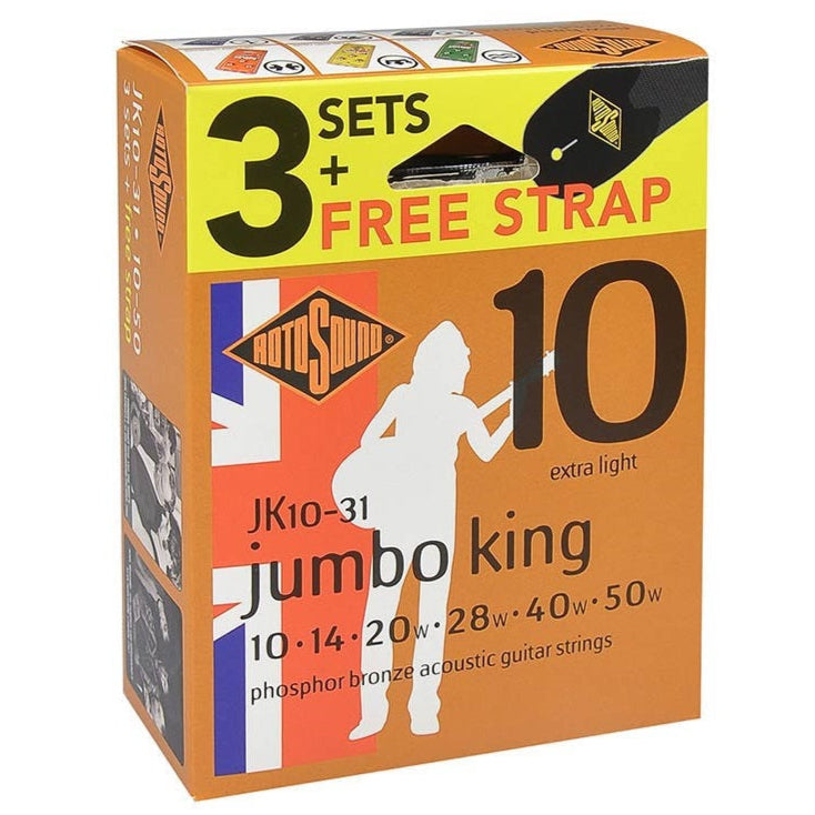 Acoustic Guitar Strings 10-50 Jumbo King 3-Pack FREE STRAP RotoSound