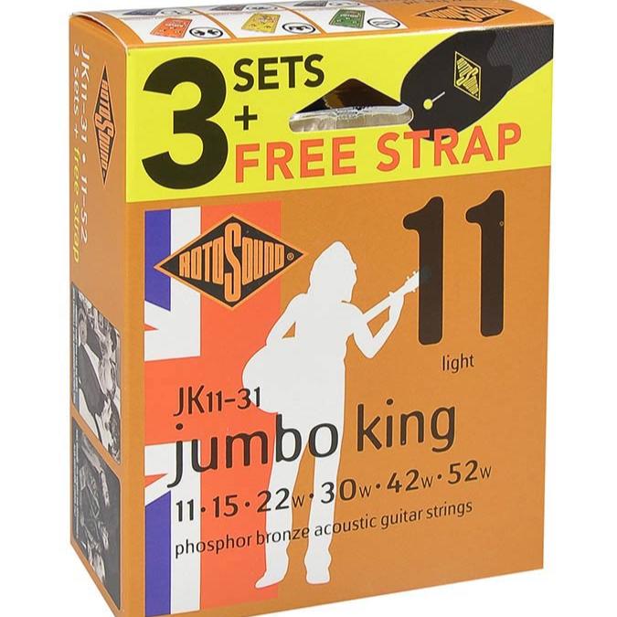 Acoustic Guitar Strings 11-52 Jumbo King 3-Pack FREE STRAP RotoSound