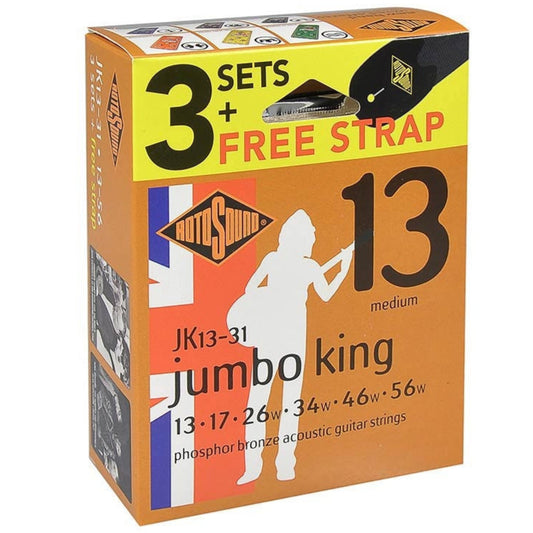 Acoustic Guitar Strings 13-56 Jumbo King 3-Pack FREE STRAP RotoSound