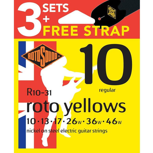 Electric Guitar Strings 10-46 Yellows 3-Pack FREE STRAP RotoSound