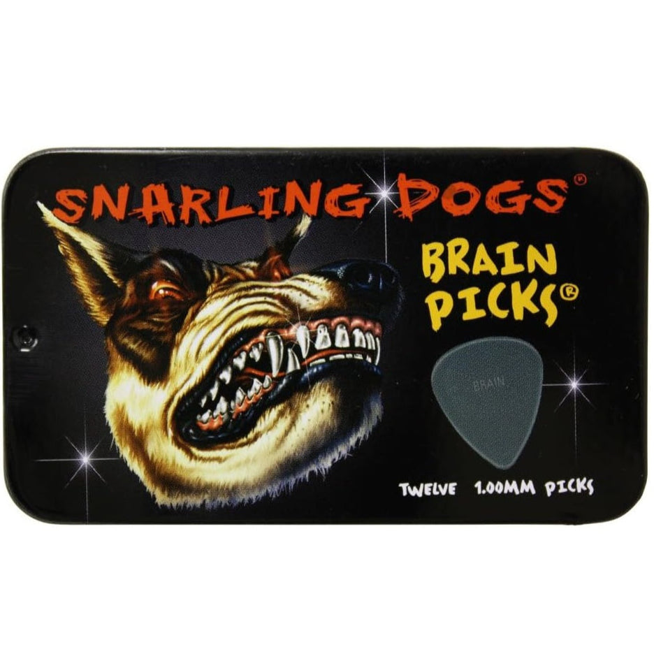 Guitar Plectrum Snarling Dogs Nylon Brain Picks 12 Pack Tin Grey 1.00mm