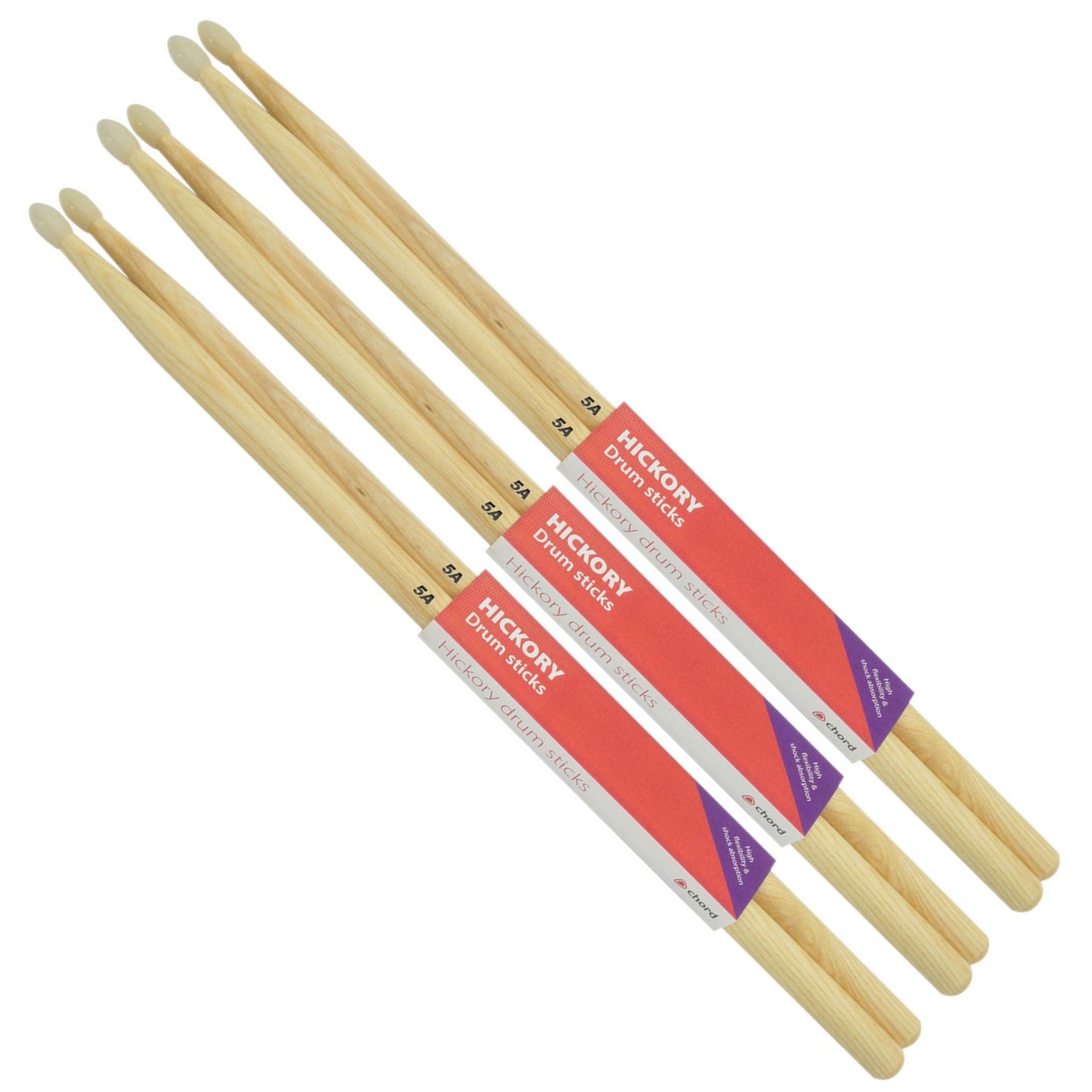 HICKORY Drumsticks 5A NYLON TIP Bundle of 3 Pairs