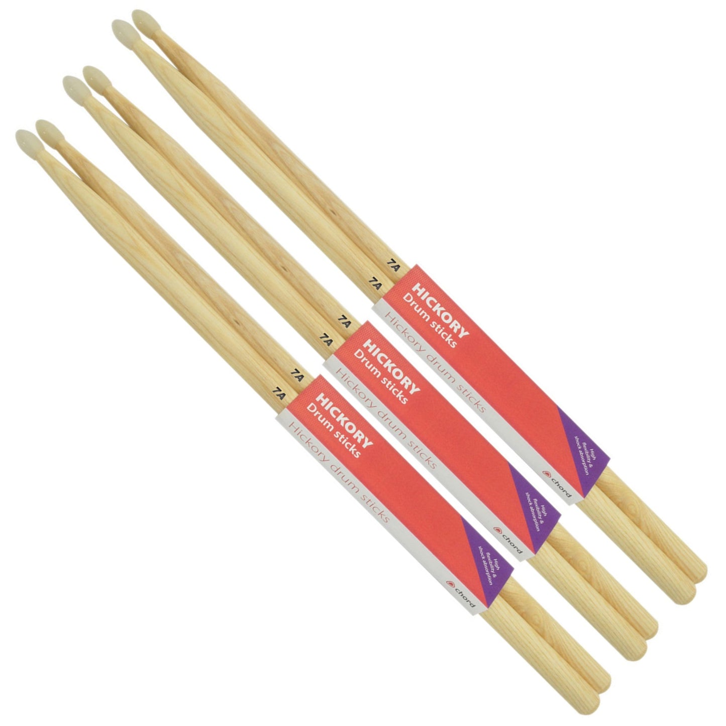 Hickory Drumsticks 7A NYLON TIP Bundle of 3 Pairs