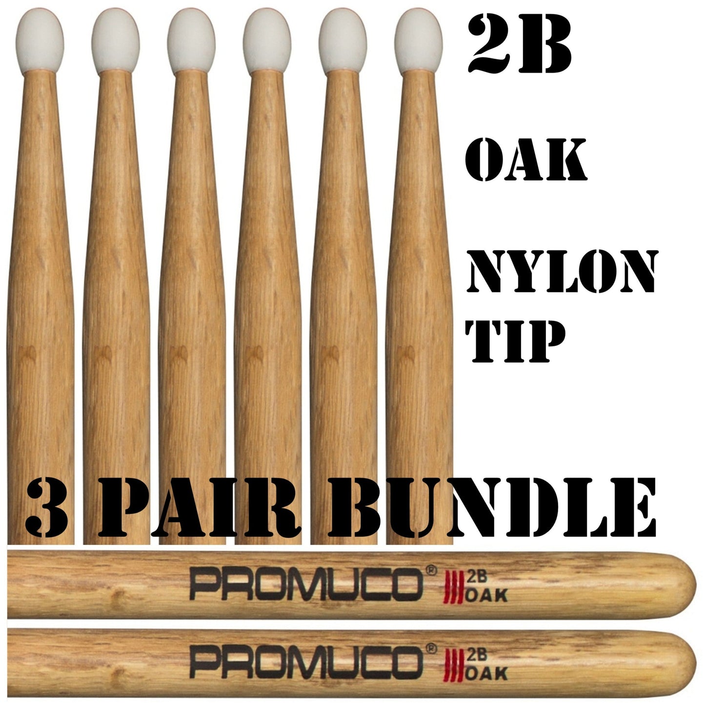 Oak Drumsticks Bundle 3 Pairs 2B Nylon Tip - Promuco