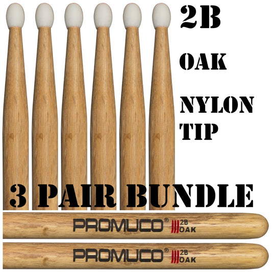 Oak Drumsticks Bundle 3 Pairs 2B Nylon Tip - Promuco