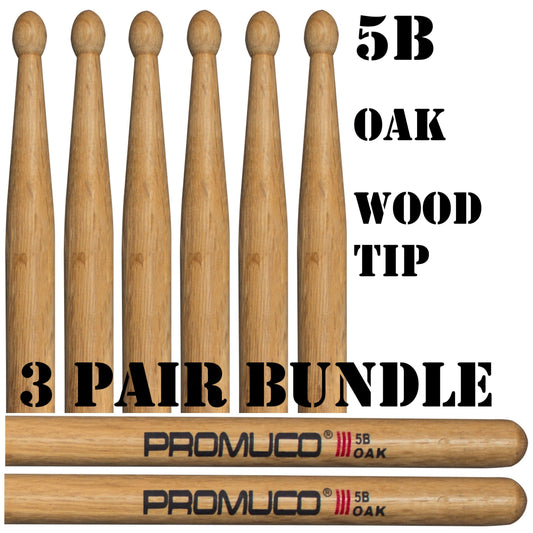 Oak Drumsticks Bundle 3 Pairs 5B Wood Tip - Promuco