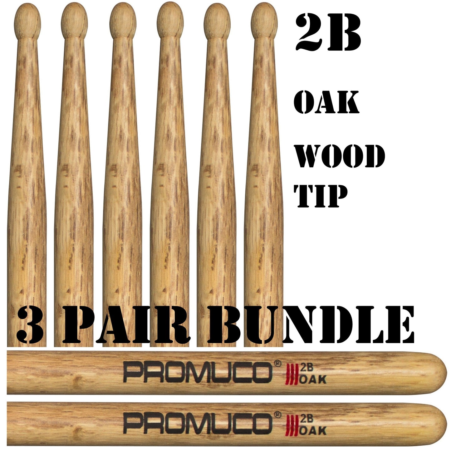 Oak Drumsticks Bundle 3 Pairs 2B Wood Tip - Promuco