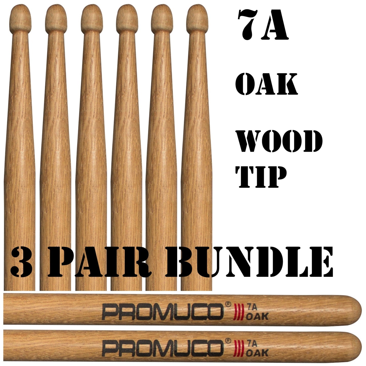 Oak Drumsticks Bundle 3 Pairs 7A Wood Tip - Promuco