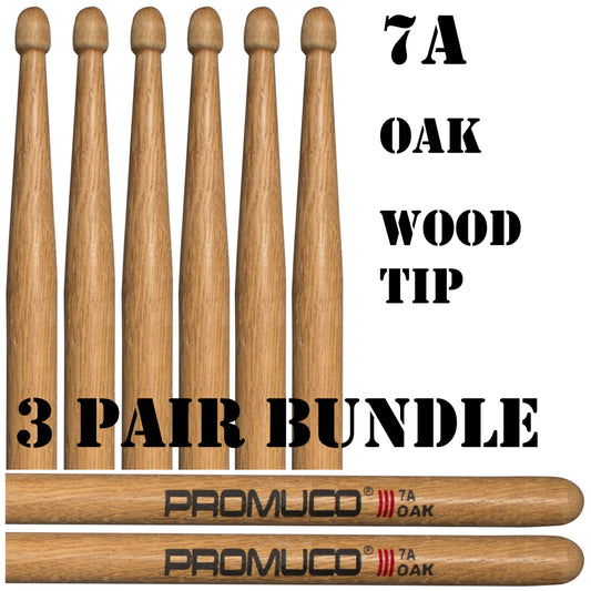 Oak Drumsticks Bundle 3 Pairs 7A Wood Tip - Promuco
