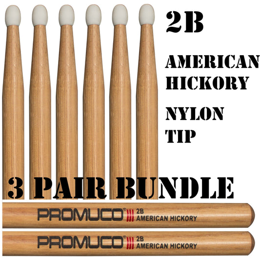 American Hickory Drumsticks 2B Nylon Tip 3 Pair Bundle - Promuco