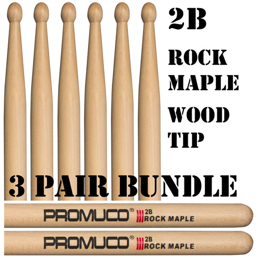 Rock Maple Drumsticks Bundle 3 Pairs 2B Wood Tip - Promuco