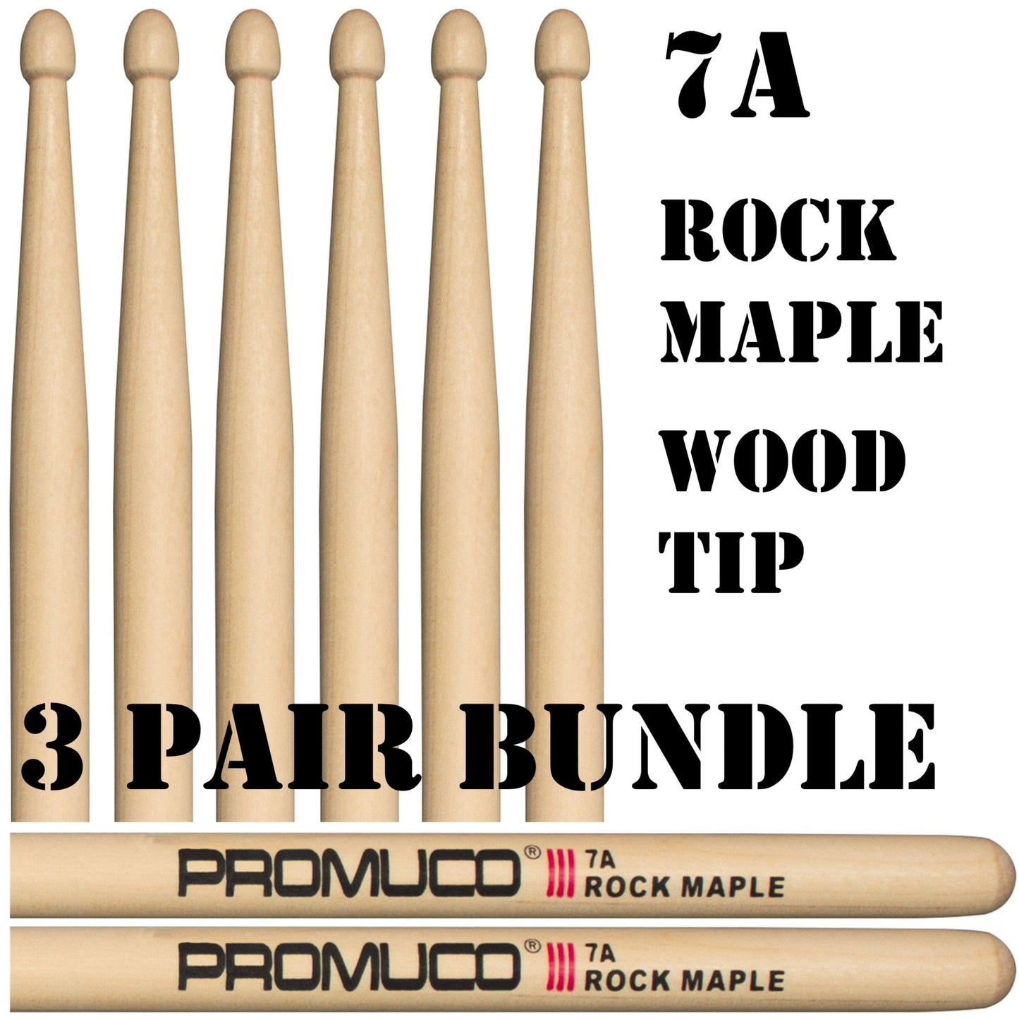 Rock Maple Drumsticks Bundle 3 Pairs 7A Wood Tip - Promuco