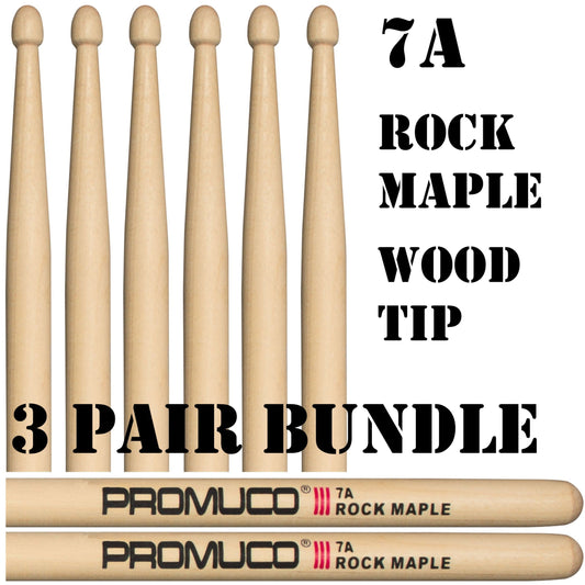 Rock Maple Drumsticks Bundle 3 Pairs 7A Wood Tip - Promuco