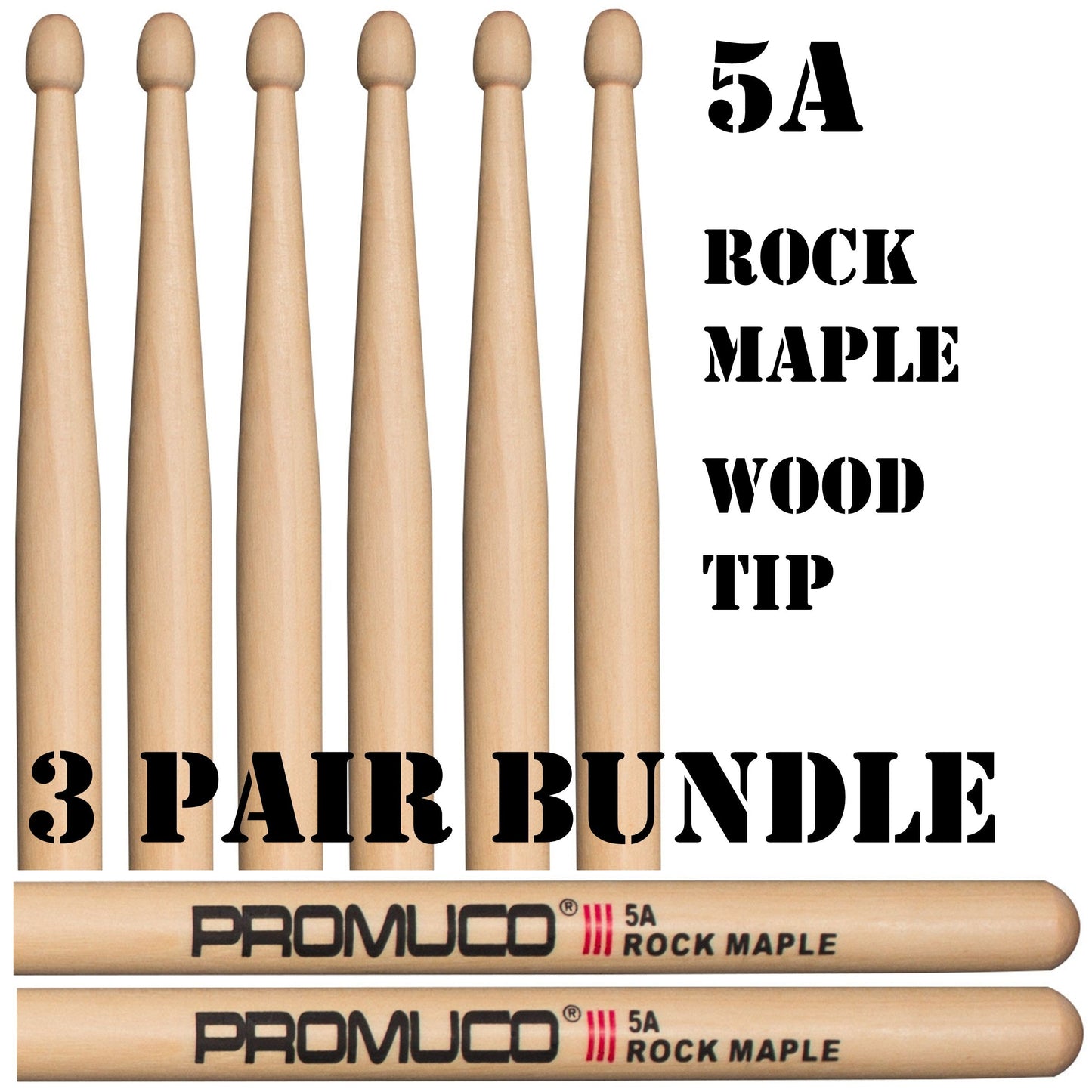 Rock Maple Drumsticks Bundle 3 Pairs 5A Wood Tip - Promuco