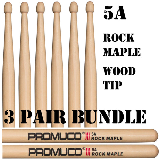 Rock Maple Drumsticks Bundle 3 Pairs 5A Wood Tip - Promuco