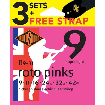 Electric Guitar Strings 9-42 Pinks 3-Pack FREE STRAP RotoSound