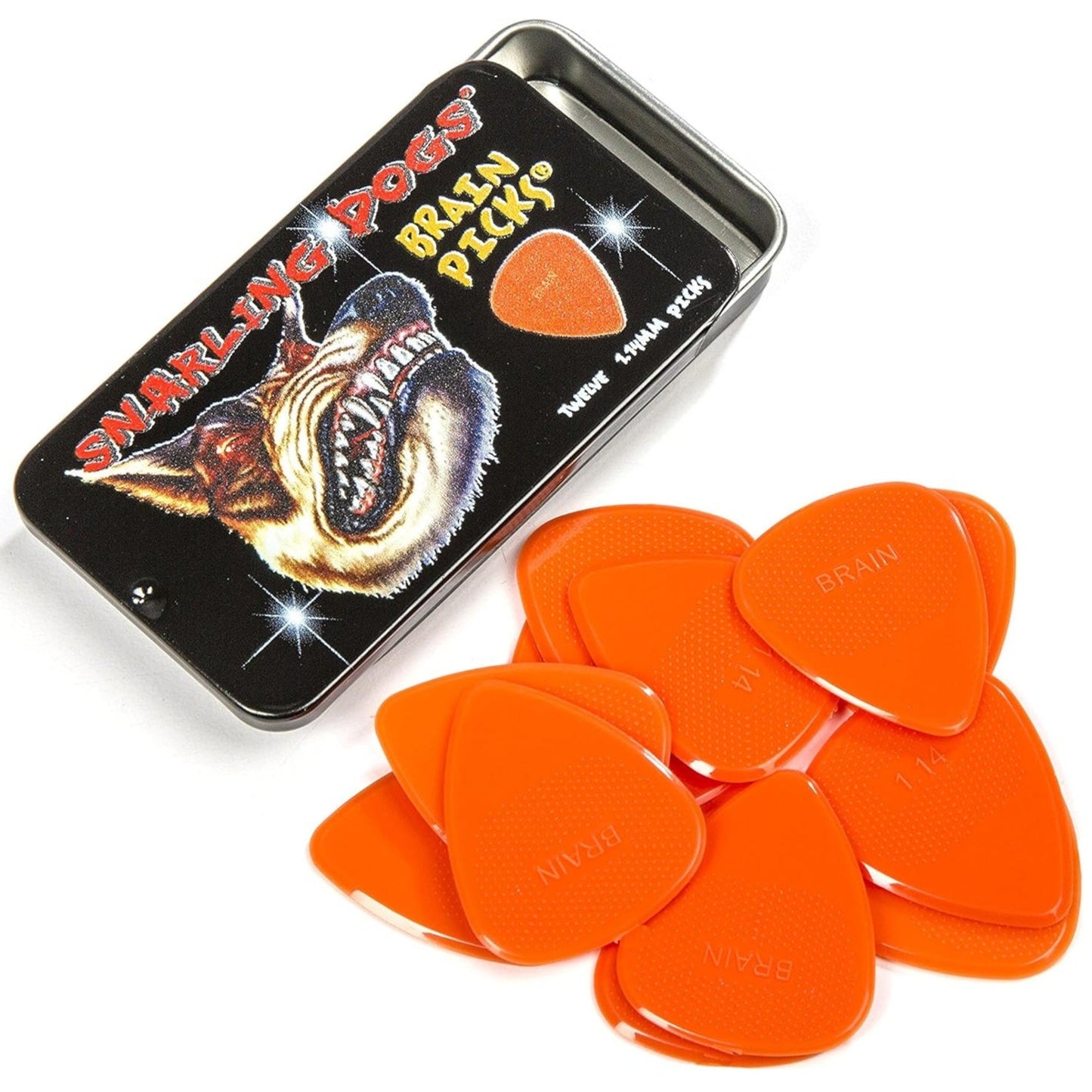Guitar Plectrum Snarling Dogs Nylon Brain Picks 12 Pack Tin Orange 1.14 mm