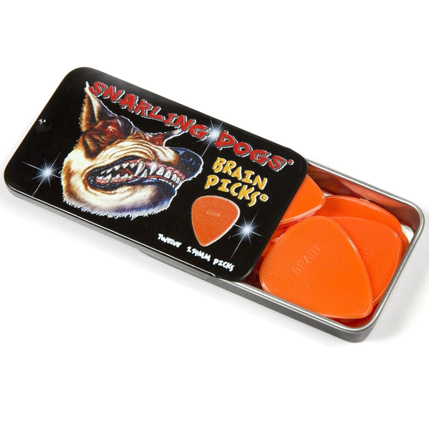 Guitar Plectrum Snarling Dogs Nylon Brain Picks 12 Pack Tin Orange 1.14 mm
