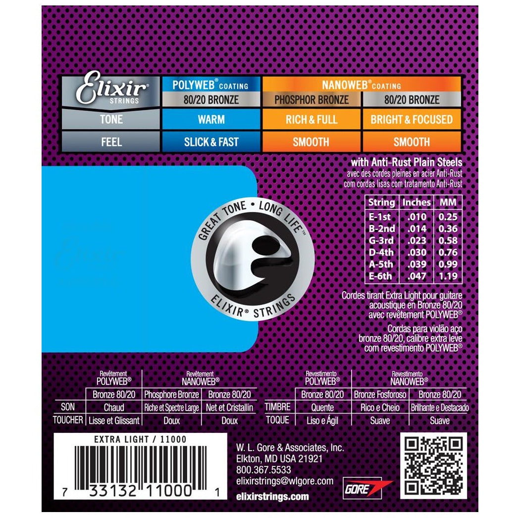 Elixir Bronze Acoustic Guitar Strings POLYWEB Coating Extra Light 10-47