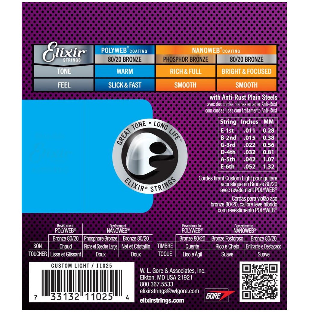 Elixir Bronze Acoustic Guitar Strings POLYWEB Coating Light 11-52