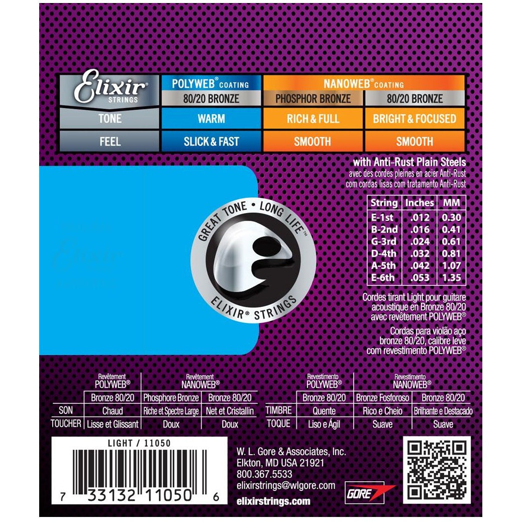 Elixir Bronze Acoustic Guitar Strings POLYWEB Coating Light 12-53