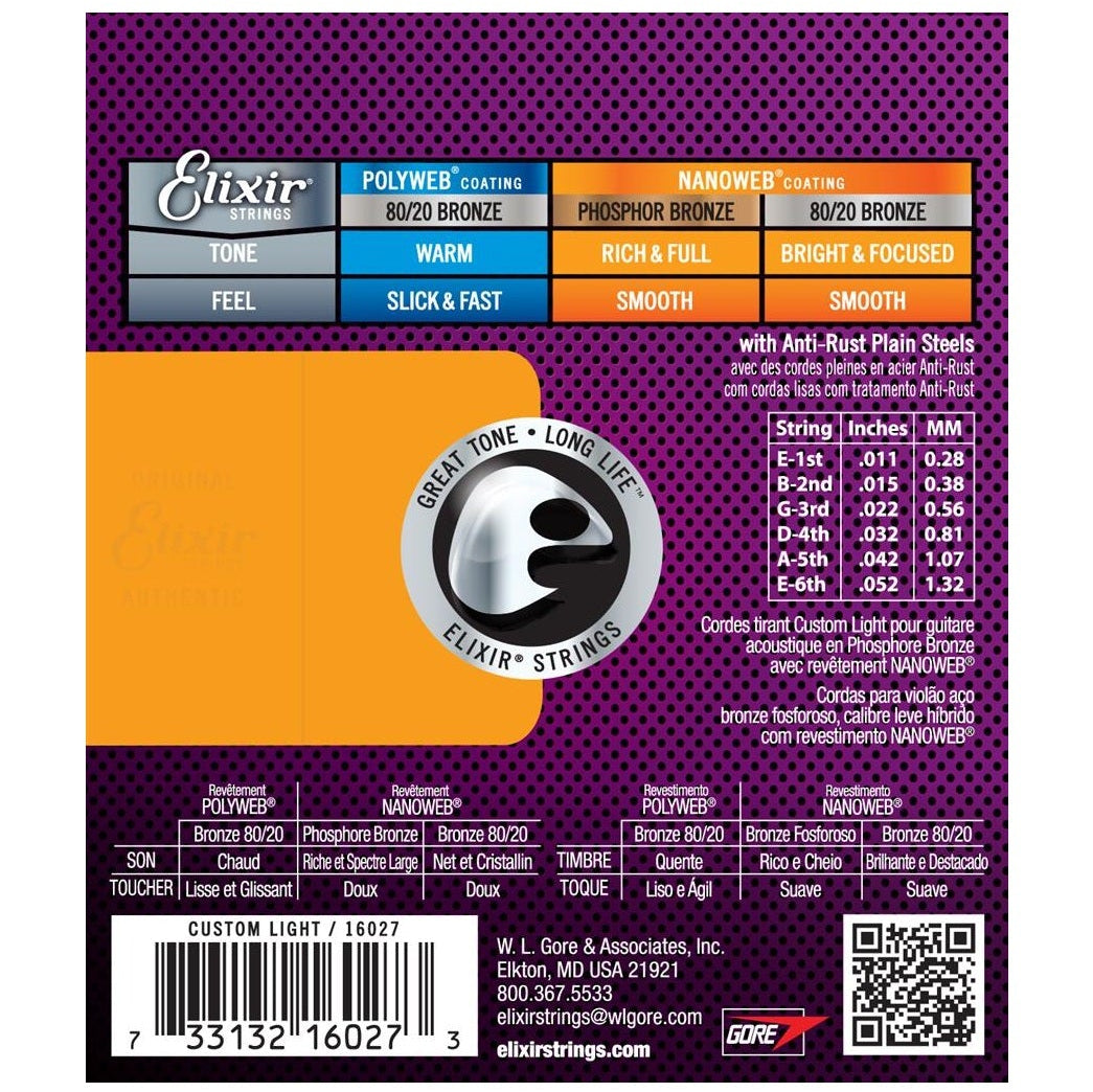 Elixir Phosphor Bronze Acoustic Guitar Strings NANOWEB Coating Light 11-52