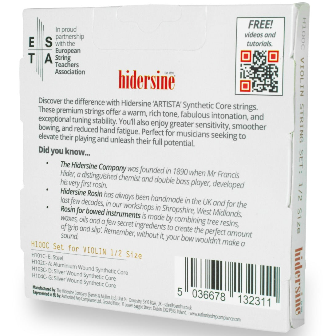 Hidersine Artista Violin String SET – Synthetic Core – 1/2 & 1/4 Size H100C