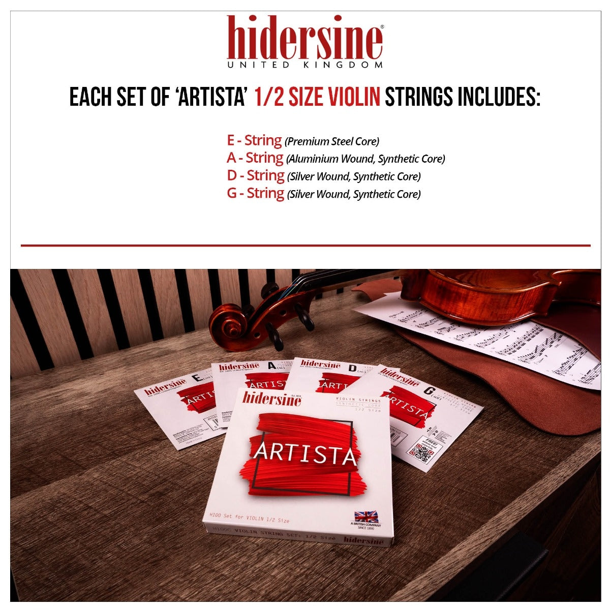 Hidersine Artista Violin String SET – Synthetic Core – 1/2 & 1/4 Size H100C