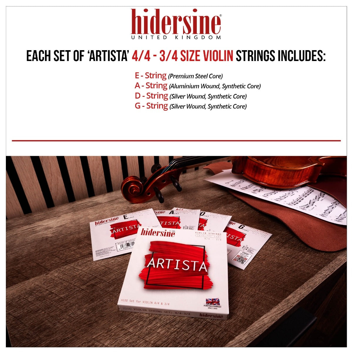 Hidersine Artista Violin String SET – Synthetic Core – 4/4 & 3/4 Size H100