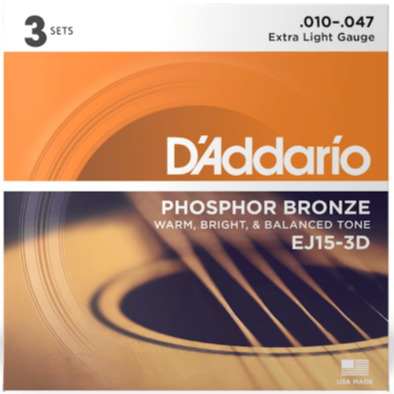D'Addario Phosphor Bronze Acoustic Guitar Strings 3 Pack 10-47 EJ15-3D