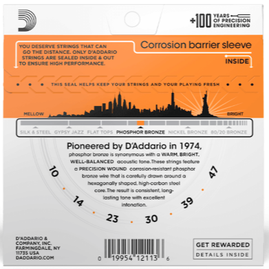 D'Addario Phosphor Bronze Acoustic Guitar Strings 10-47 Extra Light